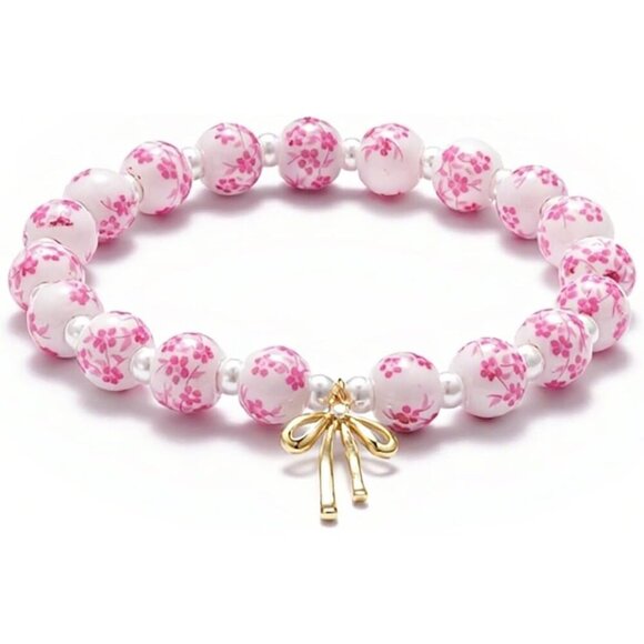 Pink with Pearl Flower Handmade Stretch Dainty Bead Bow Charm Bracelet for Women - Picture 3 of 4